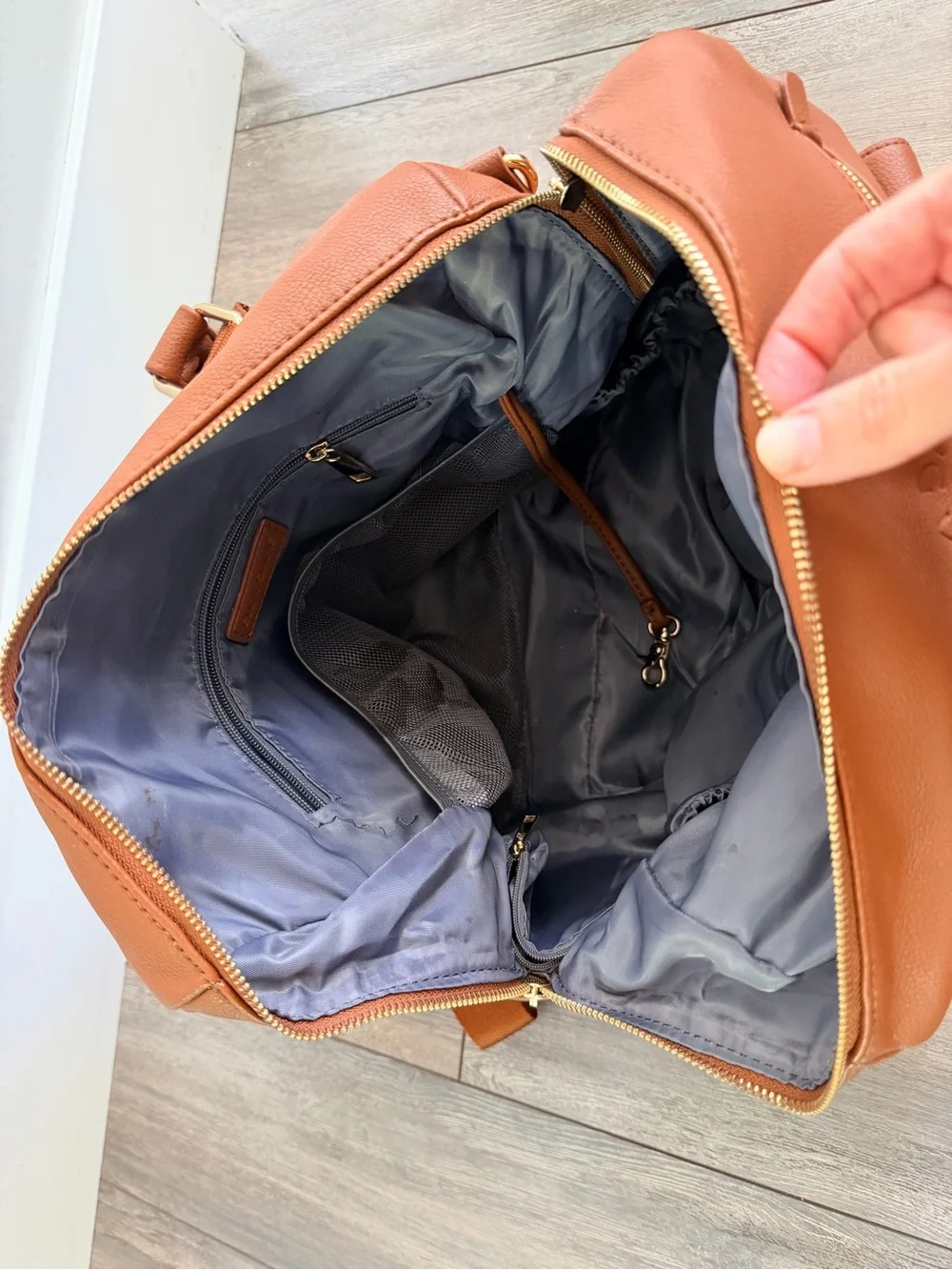 Ella Dane Cognac Baby Bag with Front Pockets and backpack straps